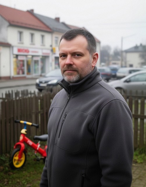 Bartosz Rumiński na podwórku obok rowerka biegowego