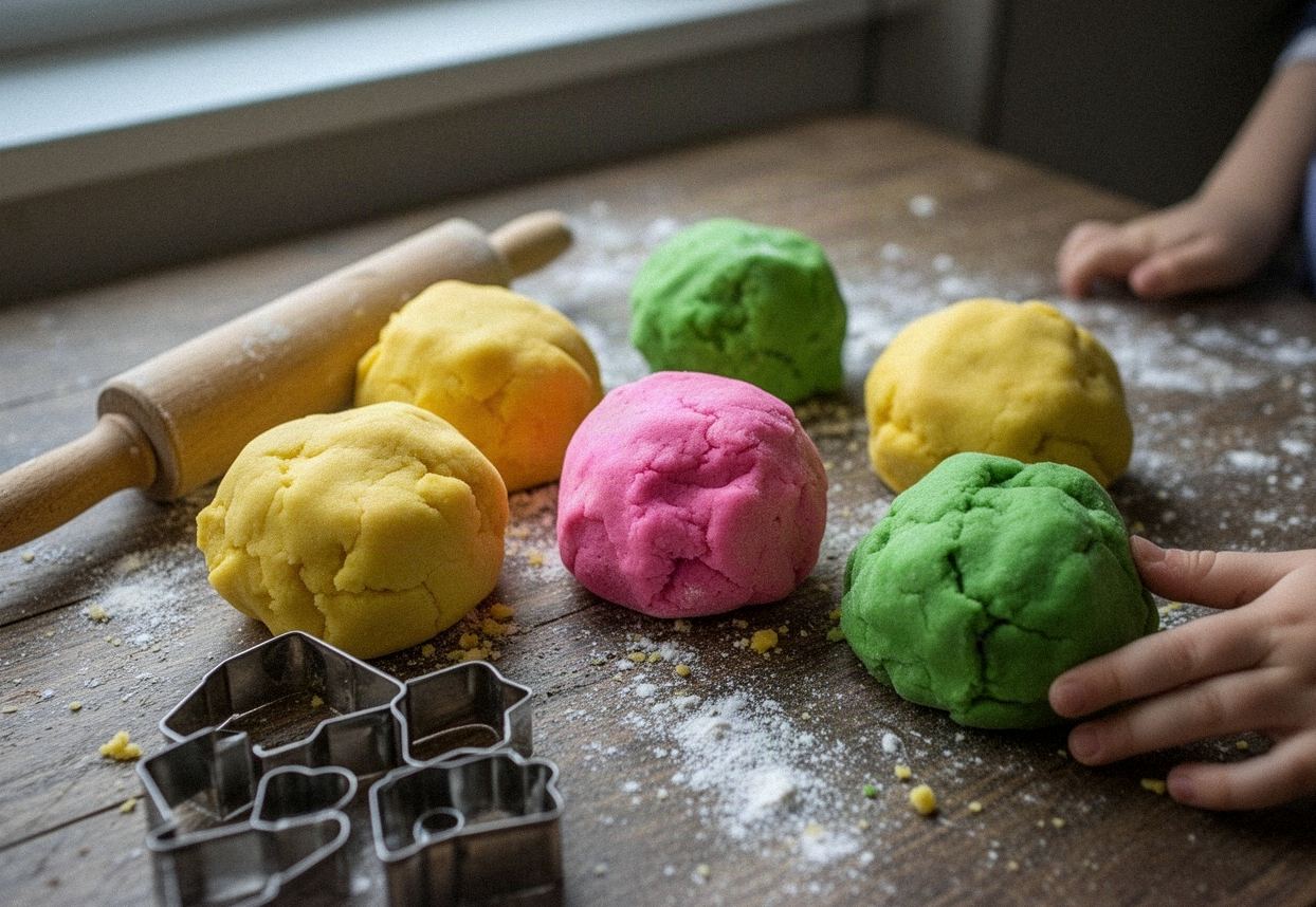 Domowa ciastolina w kilku kolorach na kuchennym stole z wałkiem i foremkami
