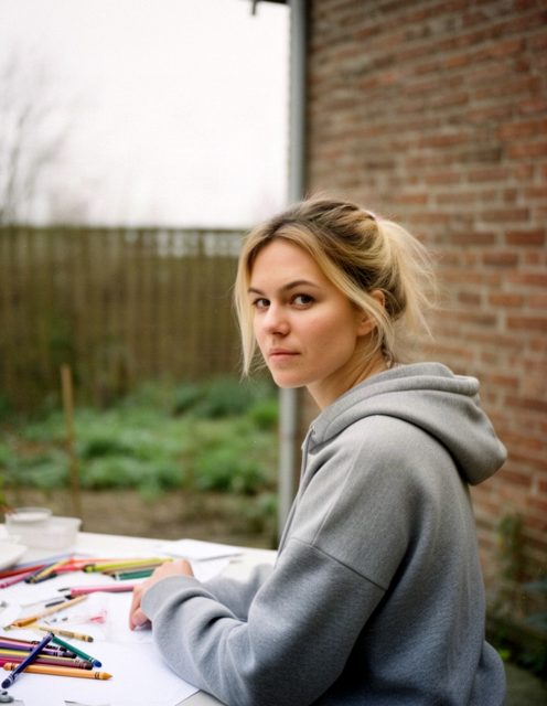 Ewelina Grzelczyk przy kuchennym stole z kredkami