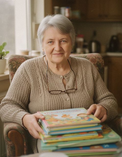 Teresa Gajda w fotelu ze stosem książeczek dla dzieci